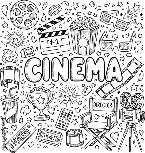 Cinema doodles A collection of hand-drawn illustrations featuring movie-related elements for design and entertainment