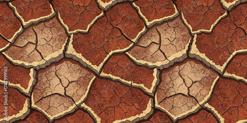 A detailed, textured pattern of cracked earth in warm brown tones, conveying a sense of drought and arid conditions.