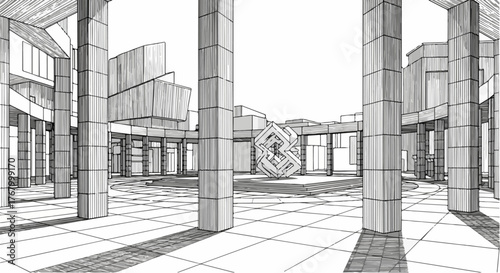 Architectural corridor interior columns perspective minimalist vector design.