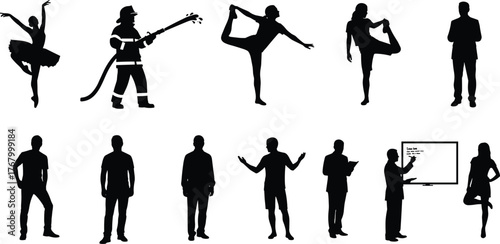 Silhouette illustration of dancer, firefighter, yoga, casual, and presenter poses representing art, emergency service, wellness, business, and education roles