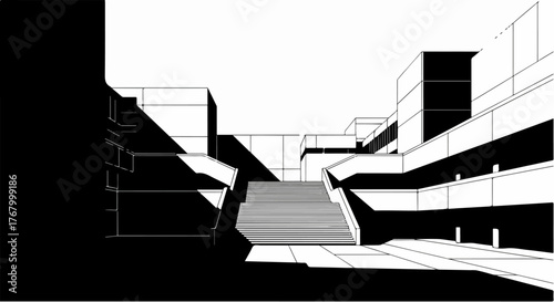 Modern architecture exterior stairs minimalist perspective vector line art.