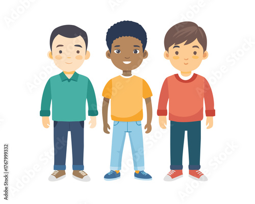 Multiethnic boy friends. Three different male kid faces. Asian, african and caucasian standing isolated vector illustration