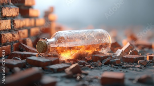 Glass Bottle with Cork on Ruined Brick Floor Illuminated by Light