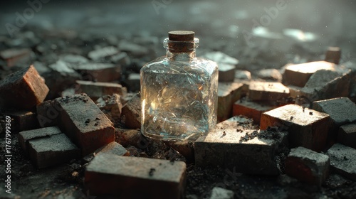 Glass Bottle with Cork Surrounded by Broken Brick on Ground