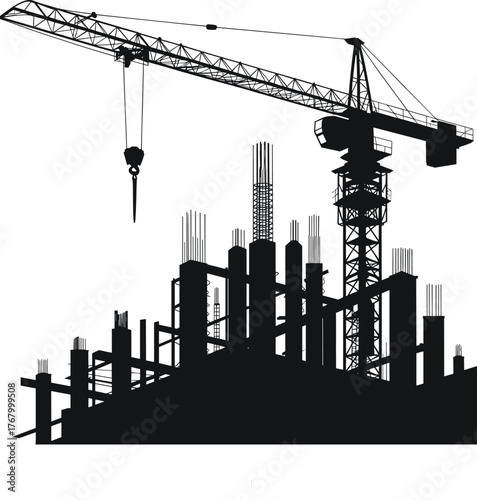 Construction site silhouette, tower crane lifting, reinforced concrete columns, urban development, industrial machinery, civil engineering, rebar structure, building framework, infrastructure growth