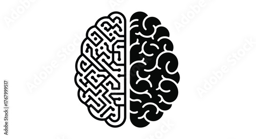 Stylized illustration of a human brain split in half, one side showing intricate circuitry