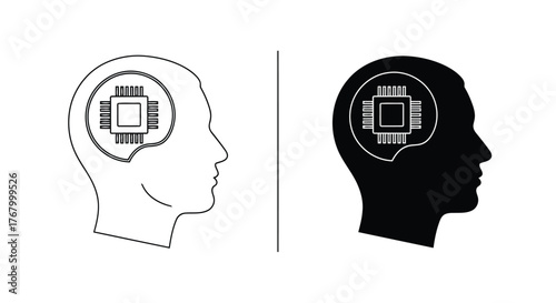 Human head profile with a microchip inside the brain, representing artificial intelligence