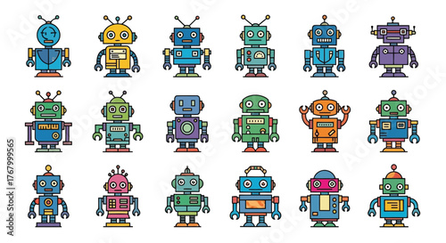 Collection of twenty diverse cartoon robots in various colors and styles