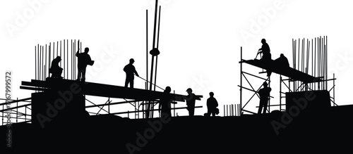 Construction workers silhouette, building site teamwork, scaffolding structure, concrete framework, infrastructure development, industrial labor, urban growth, steel rods, sunrise