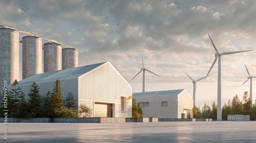 Obraz premium Modern Industrial Facility with Wind Turbines and Grain Silos