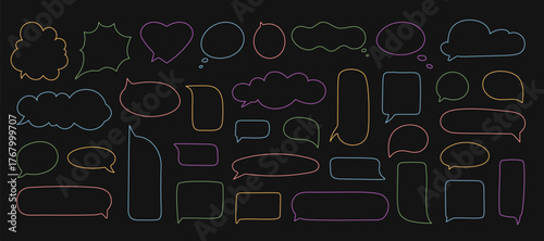 Hand drawn organic speech bubble set outline in colorful style. Round cloud box and balloon quote shapes as chat and comment collection, perfect for conversation or abstract note template.