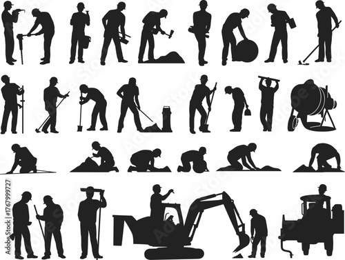 Construction workers silhouette, industrial labor, heavy equipment, manual tools, infrastructure development, job site activity, black figures, building workforce, engineering tasks, urban