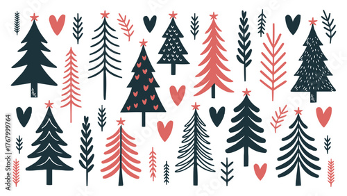 Scandinavian Christmas tree pattern with red hearts and pine branches in modern minimalist festive design for holiday wrapping and decoration