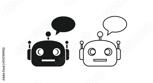 Two robot head icons, one filled black and one outlined, with speech bubbles, representing chatbots and ai