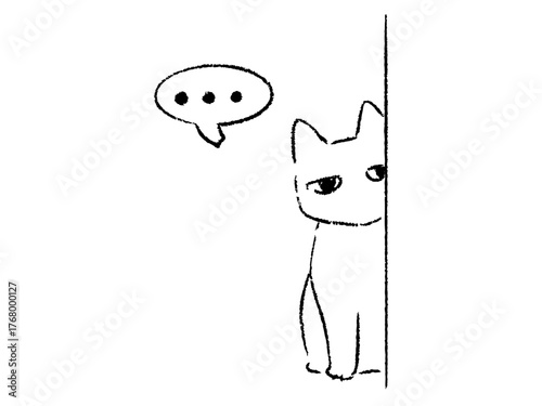 どこ行ってた　ものかげから見るネコ　線画　イラスト
