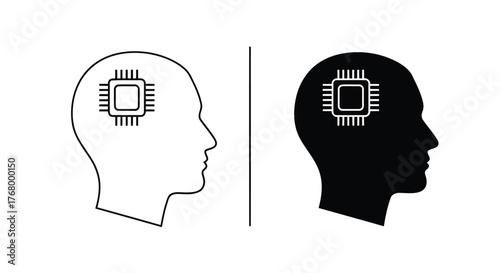 Outline and silhouette of a human head profile with a computer chip inside, symbolizing artificial intelligence and cognitive technology