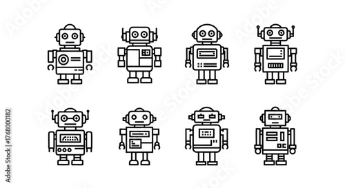 Collection of simple line art icons representing various robots