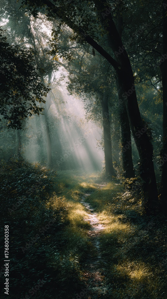 Fototapeta premium Serene Sunlight Filtering Through Trees in a Mysterious Forest