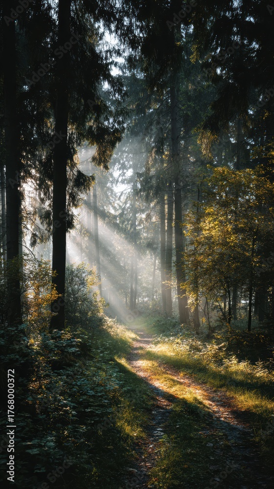 Naklejka premium Sunlight Beams Through Dense Forest Trees on Serene Pathway