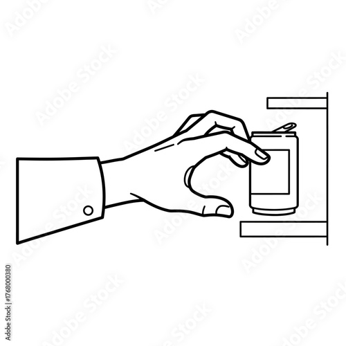 Hand reaching for a can of beverage from a shelf.