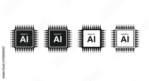 Four identical microchip icons with the text made by ai prominently displayed, representing artificial intelligence in manufacturing and technology