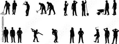 Construction workers, labor silhouettes, manual tasks, industrial workforce, occupational postures, ergonomic study, job site activity, human motion, work safety, infrastructure
