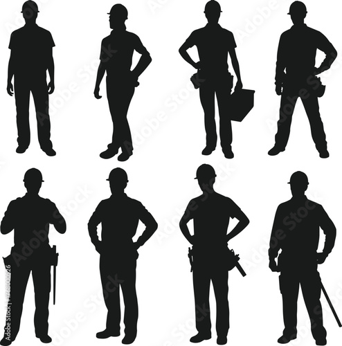 Construction workers silhouettes, safety helmet, industrial labor, black icons, job site crew, tools, teamwork, infrastructure, engineering, occupational roles, vector illustration