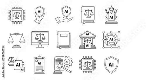 Collection of black and white line art icons representing artificial intelligence and law, including scales of justice, robots, shields, and legal documents