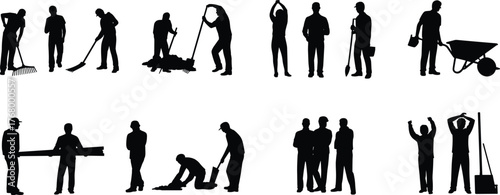 Construction workers, manual labor, silhouette people, industrial tasks, outdoor work, teamwork, physical effort, vector illustration, black icons, occupational activity