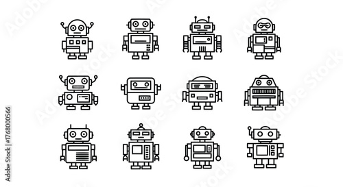 Set of simple black and white line art icons depicting various robot designs