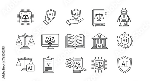 Set of ai and law icons including scales of justice, ai symbols, legal documents, and robots