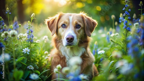 Golden dog amidst a vibrant meadow of wildflowers, bathed in the warm glow of sunlight