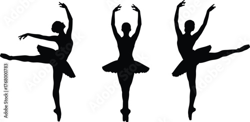 Ballet dancer silhouette vector set featuring elegant poses, tutu costumes, arabesque stance, classical dance movement for graceful illustrations