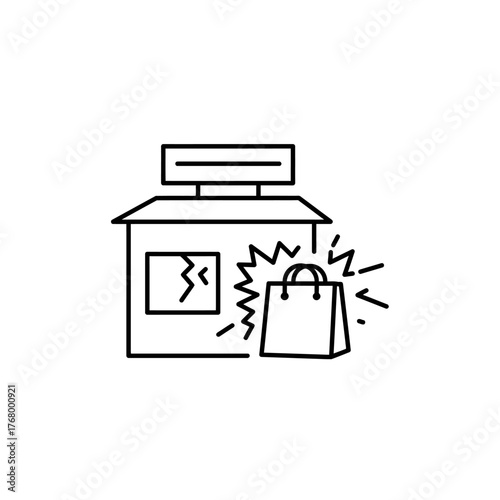 Storefront with Broken Window and Shopping Bag Icon.