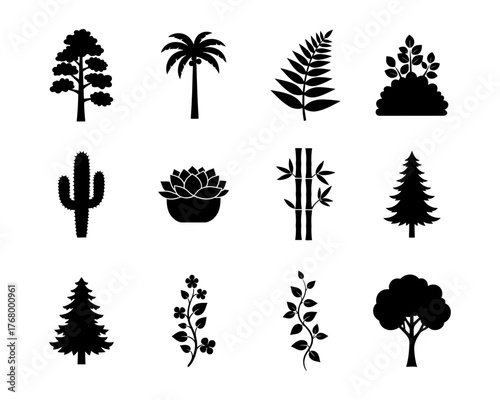 Collection of various plant and tree silhouettes isolated on white background