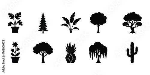 Collection of silhouette plant and tree icons isolated on white background