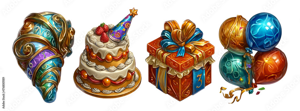 Fototapeta premium Colorful Party Elements Including Cake, Gifts, and Balloons on Transparent Background