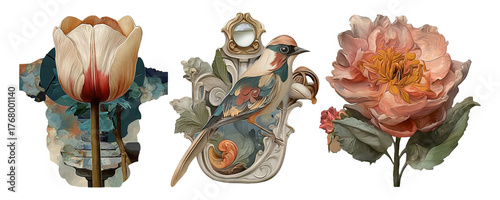 Vintage Floral and Bird Cutout Collage with Retro Style on Transparent Background