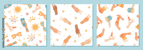 Flat seamless pattern with sunscreen bottle shapes, lotion, cream tube, spray and sunblock elements. Summer spf care collection for sun protection and cosmetic themes, hold two bottle forms unify