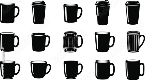 Black and white drinkware icon set featuring coffee mugs, travel cups, tea containers, beverage silhouettes for café branding and design