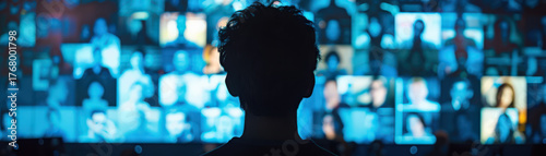 Wallpaper Mural Man using video conference screen silhouette of person looking multiple video tiles cool blue light, remote work connection and digital Torontodigital.ca