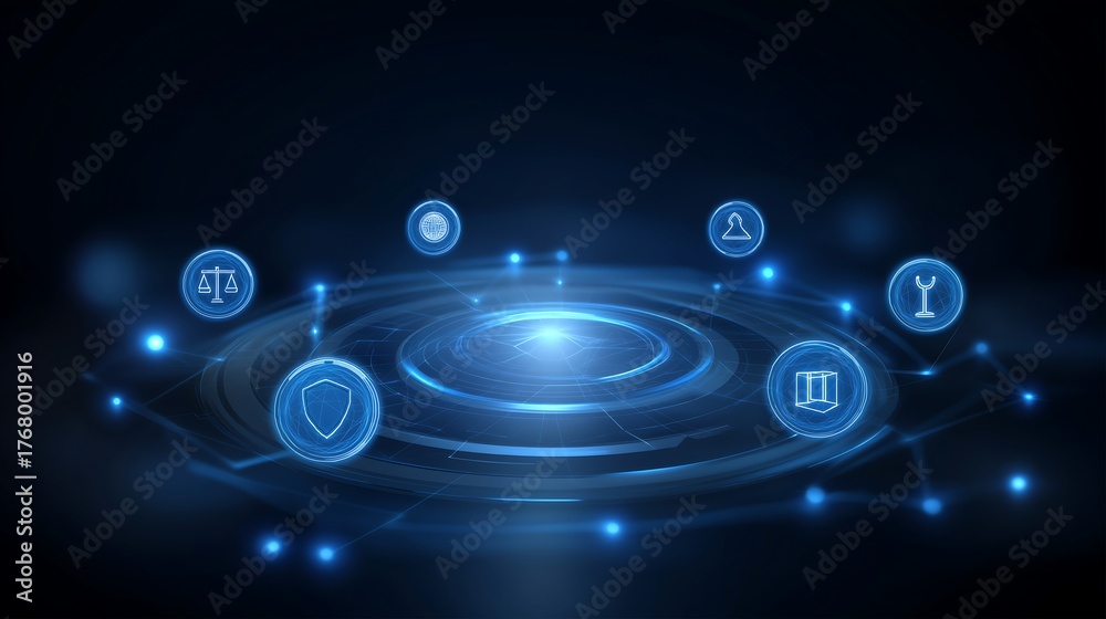 Fototapeta premium Augmented reality visualization of an advanced AI governance system with holographic icons symbolizing ethics, law, data compliance, and digital accountability, representing futuristic transparency 