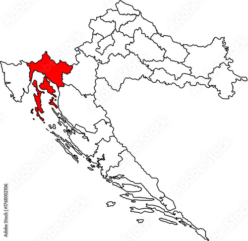 Red highlighted Primorje-Gorski Kotar on an editable vector map of Croatia. Features all 21 administrative divisions as outlines, ideal for data presentation and infographics.