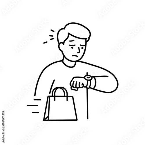 Man impatiently waiting for shopping bag delivery looking at watch.