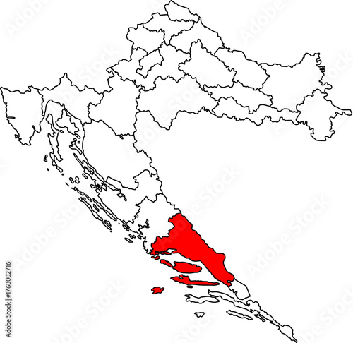 Editable vector map of Croatia (Hrvatska), highlighting Split-Dalmatia County in Red. Features all 21 administrative divisions as outlines, ideal for presentations and data visualization.