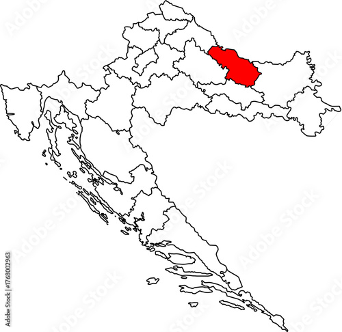 Editable vector map of Croatia (Hrvatska), highlighting Virovitica-Podravina County in Red. Features all 21 administrative divisions as outlines, ideal for presentations and data visualization.