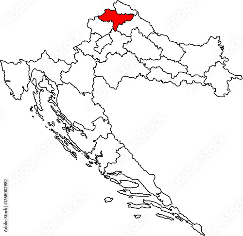 Editable vector map of Croatia (Hrvatska), highlighting Varaždin County in Red. Features all 21 administrative divisions as outlines, ideal for presentations and data visualization.