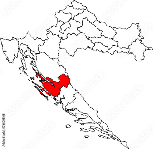 Editable vector map of Croatia (Hrvatska), highlighting Zadar County in Red. Features all 21 administrative divisions as outlines, ideal for presentations and data visualization.