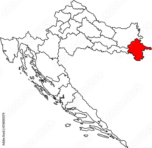Editable vector map of Croatia (Hrvatska), highlighting Vukovar-Srijem County in Red. Features all 21 administrative divisions as outlines, ideal for presentations and data visualization.
