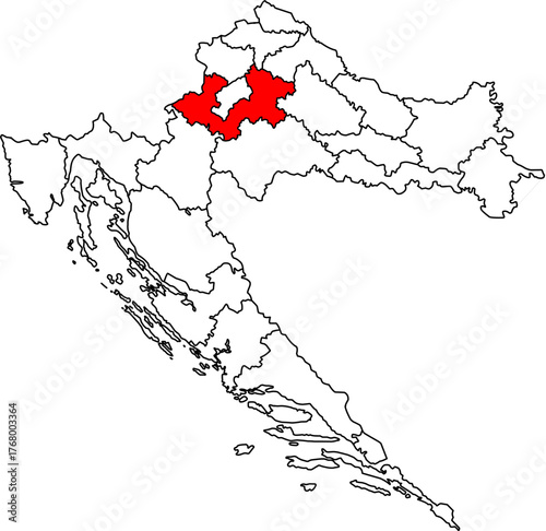 Editable vector map of Croatia (Hrvatska), highlighting Zagreb County in Red. Features all 21 administrative divisions as outlines, ideal for presentations and data visualization.